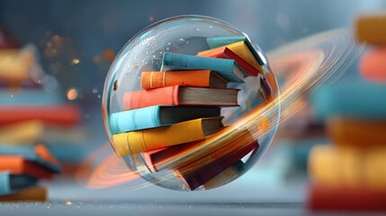 Stack of colorful books floats inside glass sphere conveying lifelong learning attitude and wonder in bright imaginative scene