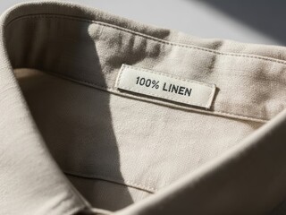 A close-up of a 100% linen label on a beige shirt collar, emphasizing natural fabric quality and material composition for textile and fashion concept.