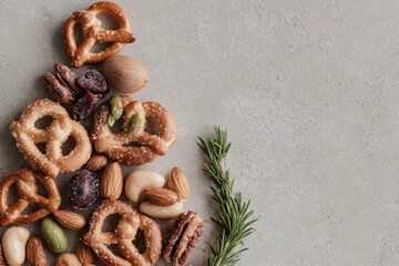 Artistic arrangement featuring pretzels, nuts, and rosemary on textured gray background