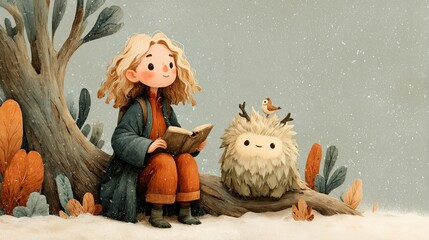 Whimsical Children&rsquo;s Illustration of a Girl Reading with a Cute Forest Creature in the Snow