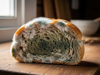 Sliced bread covered in green and white mold. Food spoilage and unhealthy eating concept. Danger of expired food.