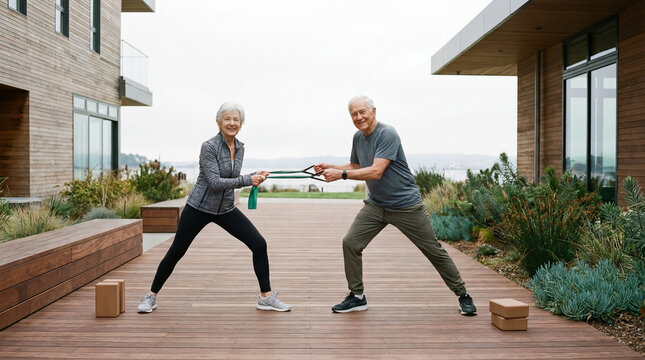 An older couple demonstrates strength and fitness by using a resistance band on their patio. They face each other and pull with delight, exuding health, happiness and vitality.