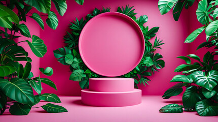 Tropical Product Display Stand Platform with Plants Bright Pink Color