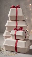 Elegant gift presentation with stacked eco-friendly containers wrapped in red ribbons against soft background