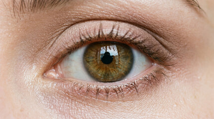 Fototapeta premium A close-up view captures a hazel-colored human eye, with light catching a reflection within the pupil. The surrounding skin and delicate lashes add detail to the portrait.