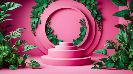 Tiered Pink Product Display Stand Circular Backdrop with Greenery