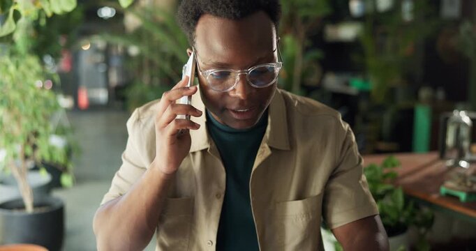 Black man, phone call and florist with smile at store, contact and deal with supplier at sustainable startup. African person, botanist and happy with smartphone, talk or plants at eco friendly shop