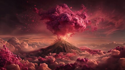 Volcano eruption pink cloud fantasy landscape dramatic sky surreal mountain creates vibrant and emotional scene with pink clouds and powerful volcanic explosion