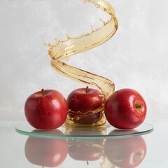 Vibrant Red Apples with a Swirling Golden Apple Juice Splash