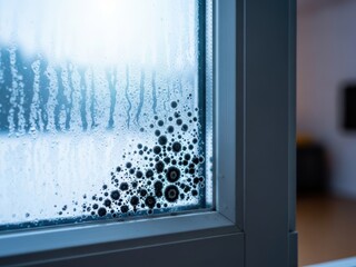 Mold formation on a cold condensation-covered window pane in a house. Problem of high humidity and poor ventilation indoors.