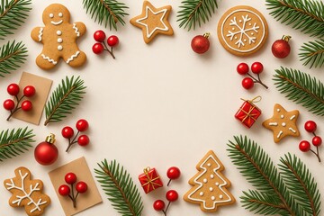 Christmas flat lay composition featuring gingerbread cookies, ornaments, red berries, pine branches on beige background. festive holiday decor, seasonal celebration, winter aesthetics, copy space