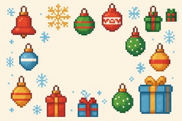 Pixel art christmas ornaments and gifts with snowflakes and bells for festive holiday celebration decor and digital design projects, copy space