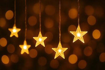 Golden starry lights on dark background sparkling and glowing with warm colors for festive decor. concept of elegant illumination, nighttime ambiance, celebration light, copy space