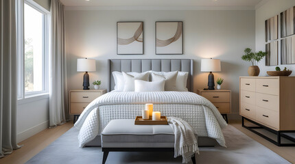 Elegant Bedroom Setup with Bedside Tables and Modern Art Decor Rendering