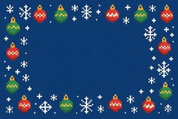 Pixel art christmas border with red and green ornaments on blue background for festive holiday decor. concept of retro digital design, celebration, winter decoration, copy space