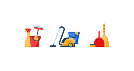 Cartoon illustration of cleaning supplies and equipment on a white background