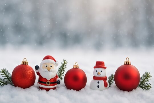 Snowy christmas ornaments featuring santa and snowman with red baubles for holiday decor and festive atmosphere - Powered by Adobe