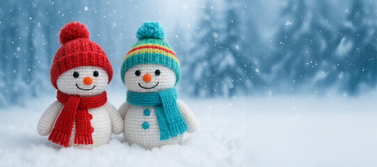 Adorable snowmen in winter wonderland with snowfall and pine trees in background. concept of festive holiday spirit, winter joy, seasonal cheer, banner, copy space