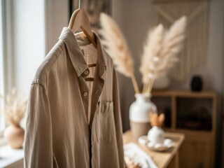 Beige linen shirt with wooden hanger. Sustainable fashion and comfort wear. Cozy home outfit for relaxed style.