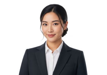 Professional asian businesswoman wearing a dark suit and white shirt smiling confidently isolated on transparent background