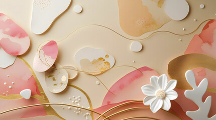 Abstract Beige and Pink Fluid Shapes Background with Golden Lines Luxury Elegant Backdrop Pastel Colors Design