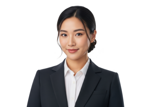 Professional asian businesswoman wearing a dark suit and white shirt smiling confidently isolated on transparent background - Powered by Adobe