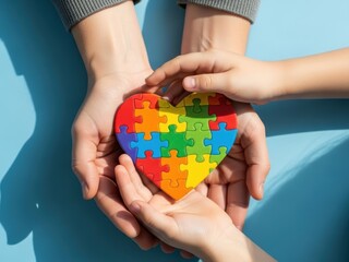 Woman and kid hold colorful heart puzzle. Autism spectrum disorder concept. Mental health awareness for World Autism Awareness Day.