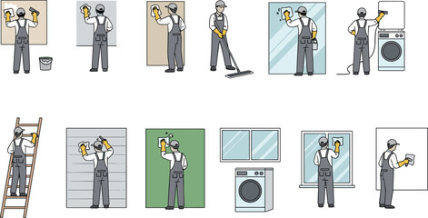 Cleaning worker illustration set, professional janitor tasks, household maintenance services, window washing, laundry care, surface wiping scenes, vector characters, sanitation and cleaning icons
