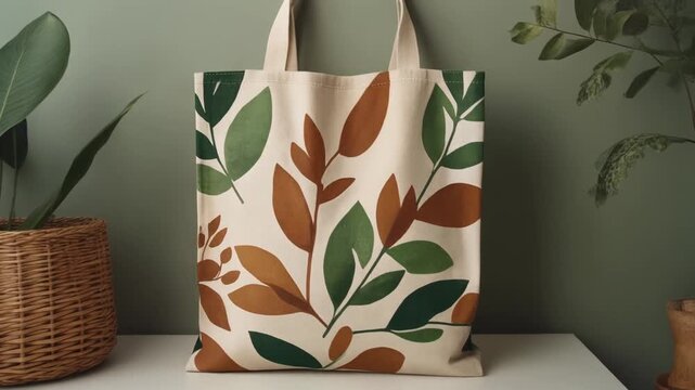 Tote bag with hand-painted botanical leaf pattern in warm earthy greens and browns, displayed in a modern eco lifestyle setting with natural textures, highlighting sustainable reusable design.