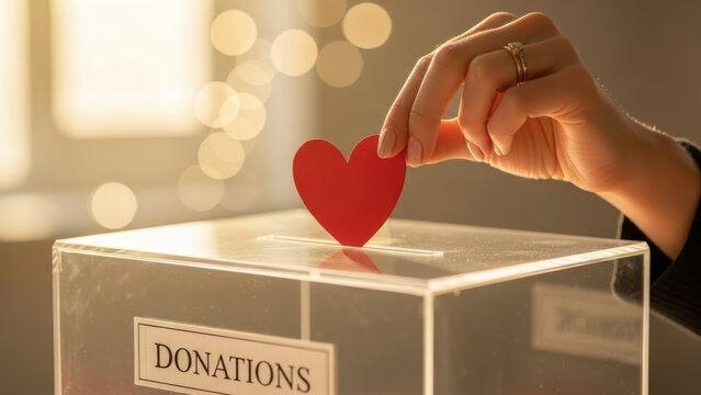 Woman hand placing red heart in clear donation box with blurred bokeh lights background for charity, giving, and volunteering concept.