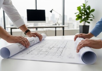 Architectural plans and blueprints being reviewed by two professionals in a modern office setting with natural light. concept of teamwork, architecture design, collaboration