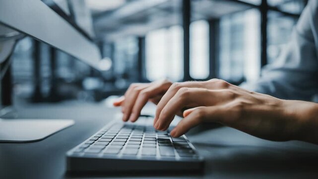 Focused hands typing on a sleek keyboard in a modern office environment showcasing productivity and technology.