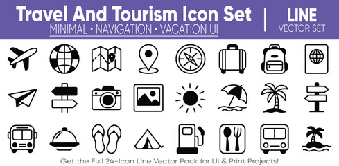 Travel and tourism line vector icons for vacations and a clean UI design