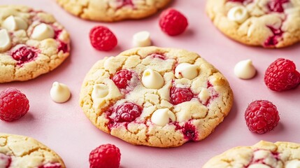 Fresh baked raspberry white chocolate cookies on pink background with scattered berries.