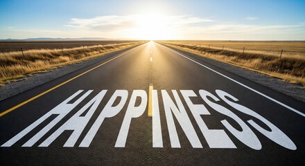 Open road extending into horizon during sunrise with word happiness painted on asphalt highway. concept of journey, positivity, freedom, inspirational travel adventure