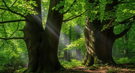 Trees are rich in oxygen, Tree trunks with lush green leaves are illuminated by sunlight