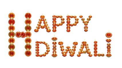 Happy diwali text made of diyas isolated on transparent background for festive celebration, holiday and cultural event design