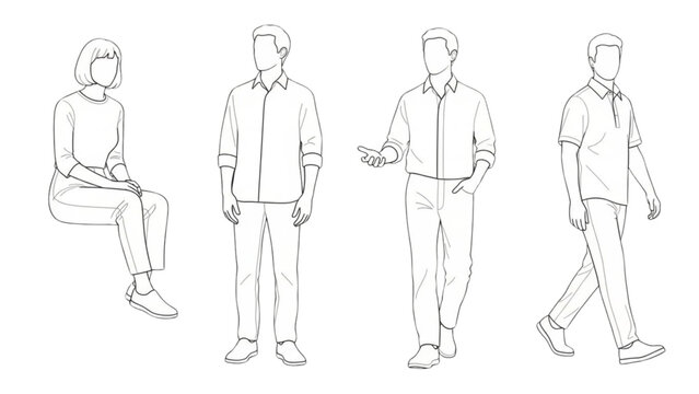 People Set 6: Sitting and Walking Figures in an auto cad drawing style.