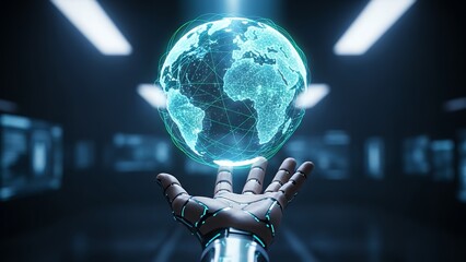 Futuristic digital globe projected from a robotic hand in a technologically advanced environment