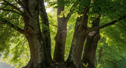 Fototapeta premium Trees are rich in oxygen, Tree trunks with lush green leaves are illuminated by sunlight