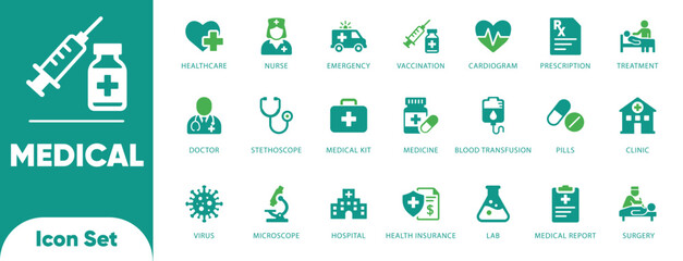 Medical and healthcare vectors. Features doctor, syringe, stethoscope, and ambulance symbols. Ideal for hospital apps, clinic UI, and pharmacy.