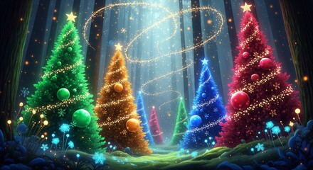 Magical festive forest with various colorful illuminated Christmas tree. Enchanting holiday background for greeting card and celebration.