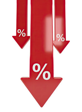 Red arrows with percentage signs pointing down isolated on transparent background