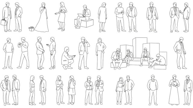 Set of seven human scale figures. An auto cad drawing for architectural projects.