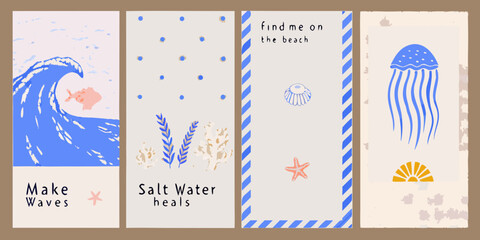 Stylized marine life and beach themed illustrations in a vertical arrangement