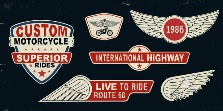 Vintage motorcycle emblems and badges with wings route 66 and custom designs