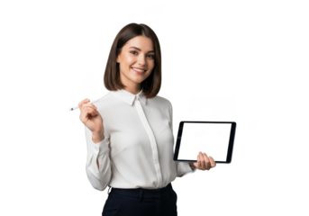 Smiling young professional woman in white blouse holding a pen and tablet isolated on transparent background