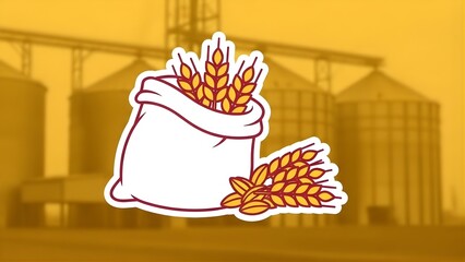 Graphic showing a bag of golden wheat ears, representing a good harvest and farm success. Silos behind denote grain storage and the vital food supply