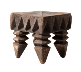 Wooden stool with geometric carvings, featuring a square top and three legs.