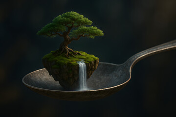 Miniature floating island with a bonsai tree and waterfall resting in an antique spoon, concept of nature in small scale or delicate balance